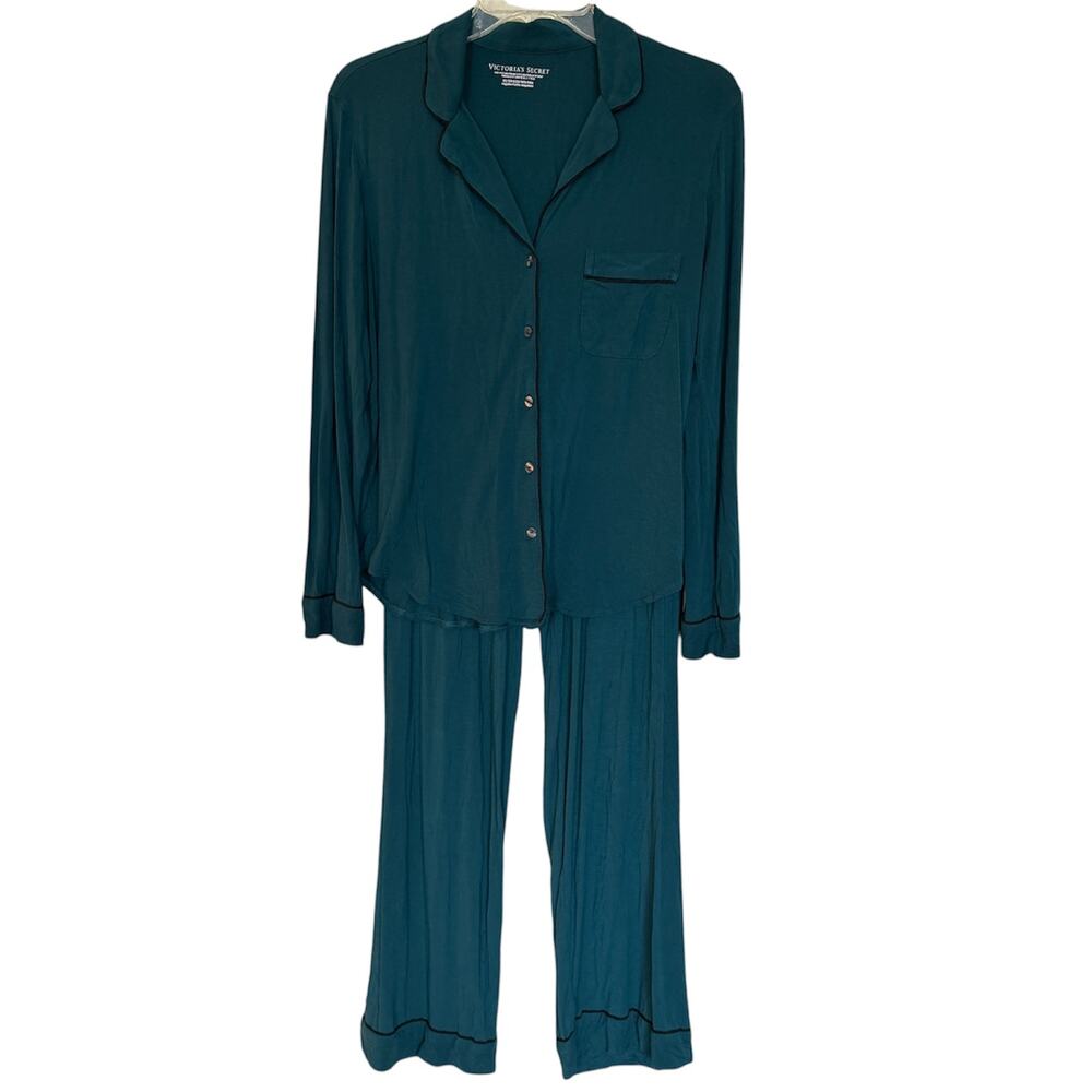 Victoria's Secret SoSoft Modal Long Pajama Set Dark Teal Black Trim Size XS